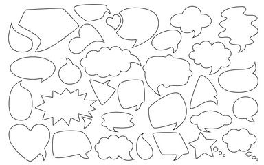 Outline speech bubble silhouette set. Black line empty comic design elements dialog white clouds icon. Speech thought blobs comics book, balloon chat banner, page template. Contour vector illustration