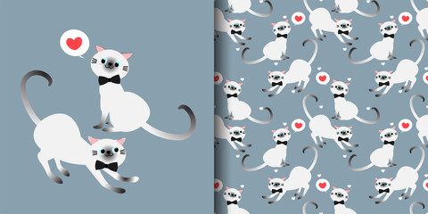 Cute couple cats with ribbon and tiny heart seamless pattern on blue background. Vector illustration.