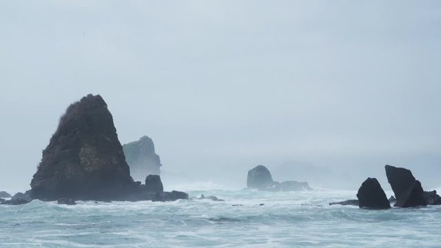Beautiful foggy Papuma beach with corals