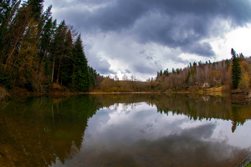 Fototapeta na wymiar Mountain landscape, picturesque mountain lake in the summer morning, large panorama