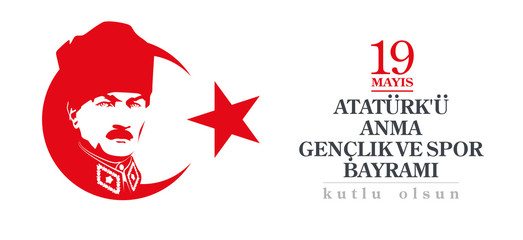 Turkish national holiday illustration banner 19 mayis Ataturk'u Anma, Genclik ve Spor Bayrami, tr: 19 may Commemoration Ataturk, Youth and Sports Day, isolated on White design Turkish holiday card