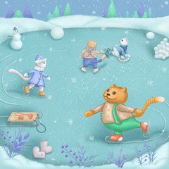 Cute illustration.  Cute cats ride on an ice rink.  Winter fun.