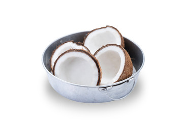 Isolated photo of tropical fruit four coconut shells with flesh in stainless bowl on white background with clipping path