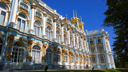 Facade of the Catherine Palace and golden domes of the Chapel - Imperial Court Church, located in...
