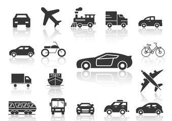 solid icons set, transportation, Airplane, Car, Bus, Train, Bicycle,Car front,Motorcycle,Pickup truck,Boat and shadow,vector illustrations
