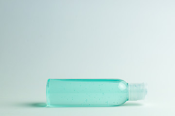 Plastic Bottle of Transparent Alcohol Sanitizer Hand Gel for Antibacterial to protect your health from virus corona, Covid-19, and bacteria on a white background within studio light