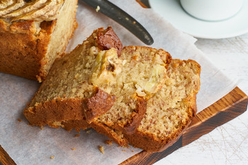 Banana bread. Cake with banana, traditional american cuisine.