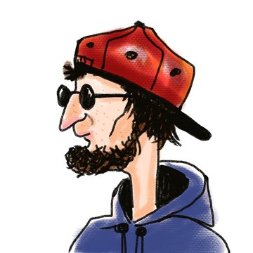 hand drawn sketch portrait of cartoon character young bearded man in round glasses and cap isolated on white