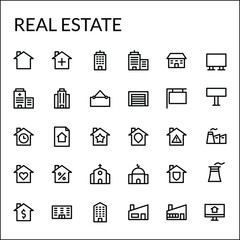 Simple Real Estate Icon Set With Line Style Contain Such Icon as Home, Building, Office, Sign, Industry, Factory, Church, Mosque, Garage, and more. 48 X 48 Pixel Perfect