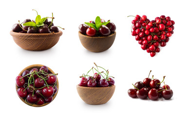 Red cherries isolated on white cutout. Berry with copy space for text. Set of cherry from different angles. Ripe cherries in the shape of a heart. Red cherries isolated on white background. Top view.
