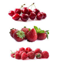 Ripe red berries isolated on white background.Juicy and delicious raspberries, strawberries and cherries. Background of mix fruits with copy space for text. Red berries and fruits isolation on white.