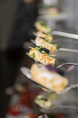 Tasty canapes plates in line hanging with caviar