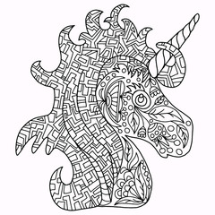 Unicorn drawn with abstract geometric figures and flowers for coloring, vector