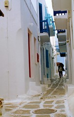 Greece, Cyclades islands, Mykonos, narrow traditional street in the main town.