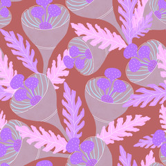 Exotic pink flowers and green leaves. Fantasy cosmic  illustration. Seamless unusual print for fabric, textile, wallpaper, packaging, digital paper.