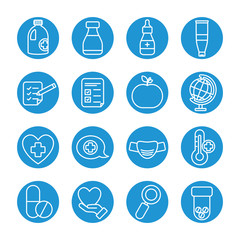 magnifying glass and medicine icon set, line block style