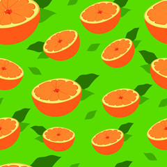 Bright seamless pattern with oranges in flat style. half orange with leaf. Citruses on an green background. Print on clothes and wrapping paper, notebooks and more.