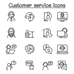 Set of Customer service related vector line icons. contains such Icons as support, call center, headset, operator, solve problem, helping and more.