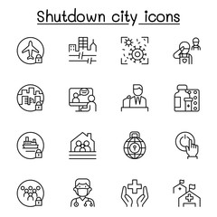 Fototapeta na wymiar Set of Lock down city from virus crisis related vector line icons. contains such Icons as Shutdown city, state quarantine, flight cancellation, business closed, and more.