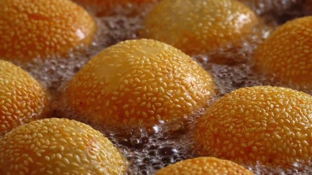 Close-up of fried sesame glutinous rice balls, Chinese specialty snack