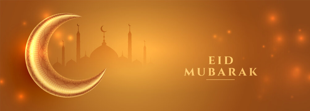 eid mubarak golden banner with moon and mosque design