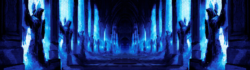 A dark night corridor assembled with many statues of angels along the wall, everything is lit by blue moonlight, at the end of the corridor is a massive door. 2d illustration