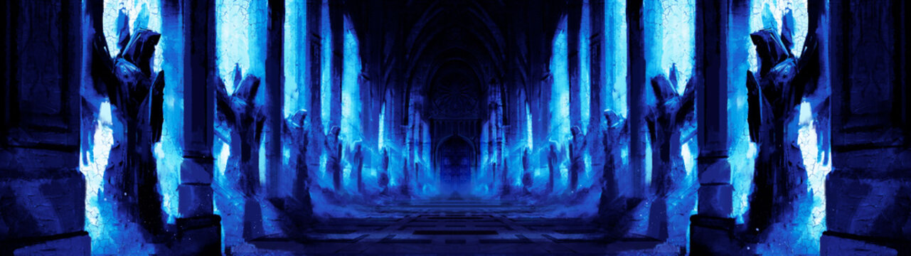 A dark night corridor assembled with many statues of angels along the wall, everything is lit by blue moonlight, at the end of the corridor is a massive door. 2d illustration