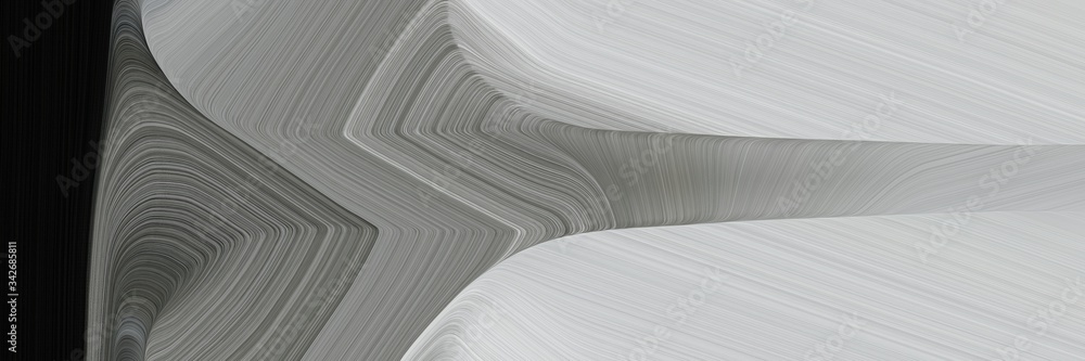 Poster abstract moving horizontal header with ash gray, silver and very dark green colors. fluid curved lines with dynamic flowing waves and curves for poster or canvas