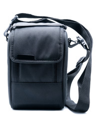 Mirrored Digital camera lens bag, Black color fabric Side sling and Shoulder strap White background or isolated