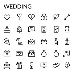 Simple Wedding Icon Set With Line Style Contain Such Icon as Heart, Love, Romance, Romantic, Invitation, Dress, Church, Melody, Date, Calendar, Ring, Wine, and more. 48 X 48 Pixel Perfect