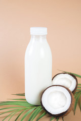 Vegan coconut milk in a bottle. Vegan drink