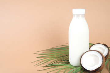Obraz na płótnie Canvas Vegan coconut milk in a bottle. Copy space