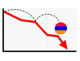 Armenia flag with red arrow graph going down showing economy recession and shares fall. Crisis, Armenia economy concept. For topics like global economy, Armenia economy, banking, finance