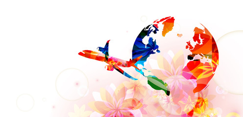 World travelling by plane colorful vector illustration.  Around the world concept for travel agency, touristic promo flyer, web banner