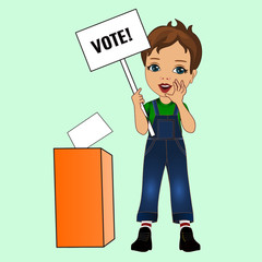 boy  stump orator with a vote banner that votes using a ballot box, simple colored emoticon, vector emoji in color