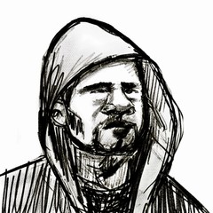 hand drawn sketch portrait of young cute man in the hood isolated on white