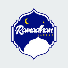 Dual tone Ramadhan greeting card with simple typography decorated with moon and star and silhouette of mosque as background