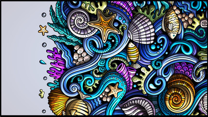 Sea life hand drawn doodle banner. Cartoon detailed flyer.