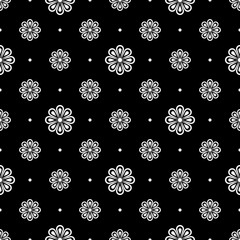 Seamless pattern. Abstract minimal flower design. White elements on a black background. Modern simple illustration perfect for backdrop graphic design, greeting cards, textiles, print, packing, etc.