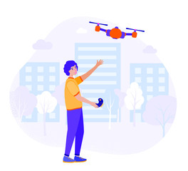 Young man flying drone with a remote control. Boy operating quadcopter. Flat vector stock cartoon illustration. 