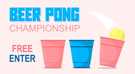 Obraz premium Beer pong tournament vector poster. Beer pong vector illustration.Beer Pong poster or banner with red plastic cup and ball.