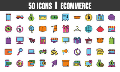ecommerce icon set, color line style
