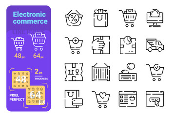 Set electronic commerce simple lines icons of shop delivery.