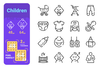 Fototapeta premium Set children simple lines icons of kid equipment.