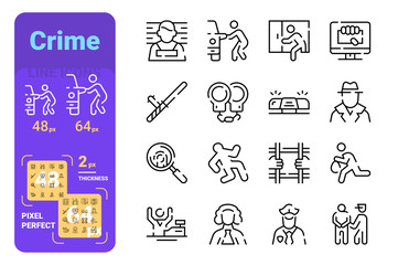 Set crime simple lines icons of equipment for catching criminals.