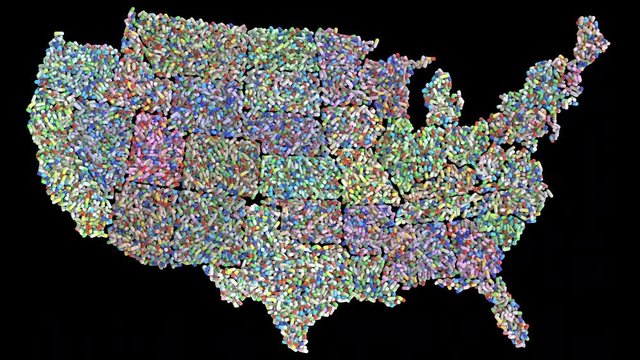 Tablets swarming around individual USA states representing the opioid epidemic, pill abuse, and drug addiction, caused by anxiety and depression. Overdosing with antibiotics or vitamins. 4K Isolated