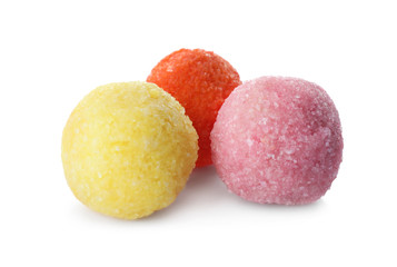 Colorful chocolate candies isolated on white. Fancy confectionery