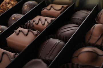 Many different chocolate candies in box, closeup