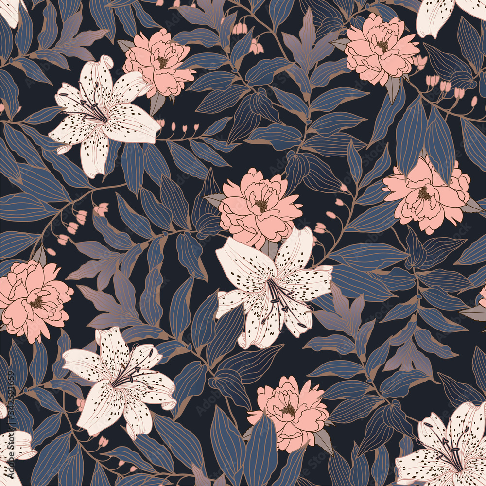 Poster floral seamless pattern with lily. background for surface design