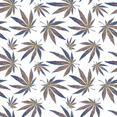 Seamless pattern with hemp leaves. Cannabis. Botanical ornament. Design for fabric, clothing, packaging.